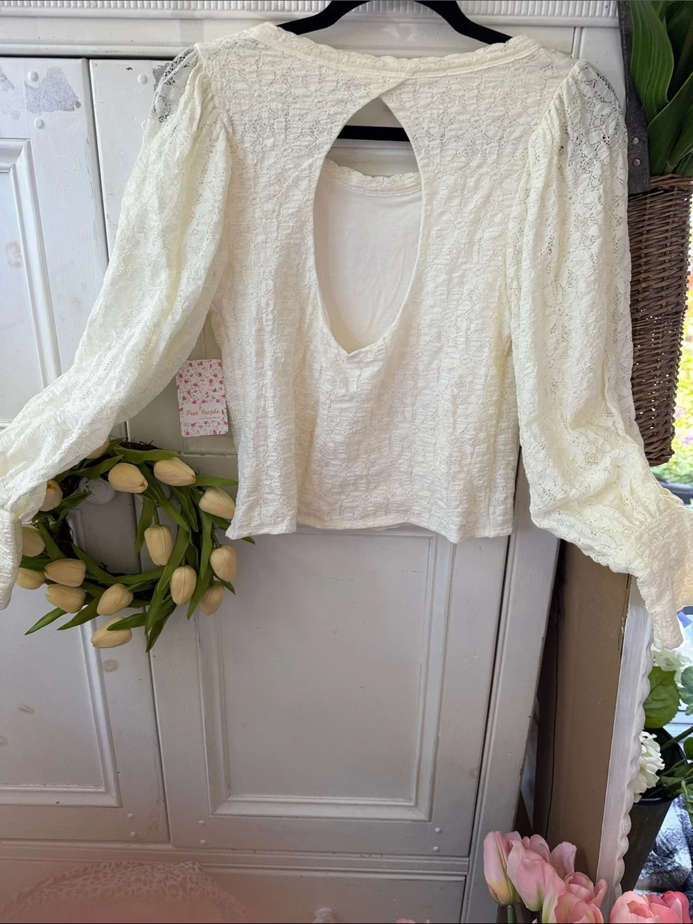 Free People Cream Textured Puff-Sleeve Crop Top